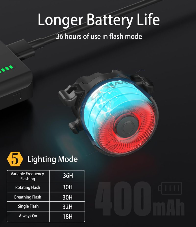 TOWILD TL03 Bike Tail Light Smart Brake Sensing Bike Rear Lights,Type-C Cable Waterproof Bicycle Back Lights Led Rechargeable Auto On/Off Flash Strobe Safety Red Taillight for Road Cycling Commuting