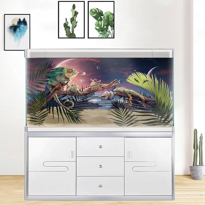 30X18IN Cosmic Spaceterrarium Background, Cool Parallel Space Themed Aquarium Reptile Habitat Background, Red Moon Aquarium Background with 10EVA Double-Sided Tape
