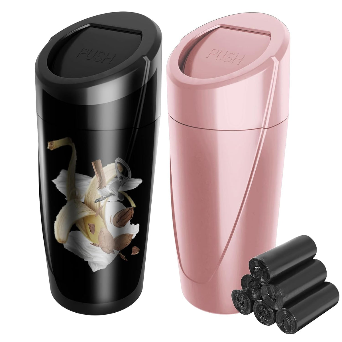 Car Trash Can with 90 Free Garbage Bags - Waterproof, Lid-Closed, Easy-to-Clean Cup Holder Trash Can, Ideal for Car Organization (Black & Pink Combo, 2-Pack, Perfect for Home, and Travel)