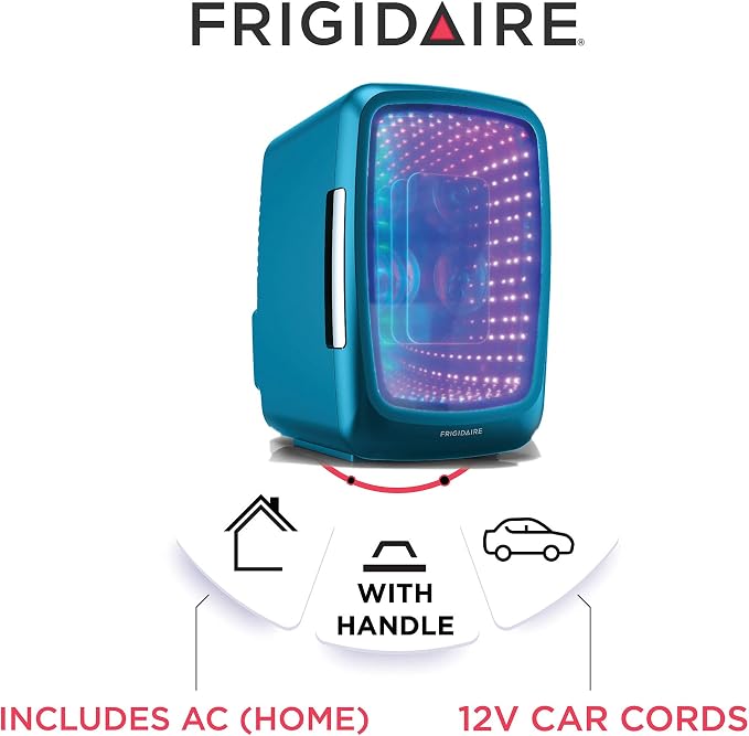 Frigidaire Gaming Light Up Mini Beverage Refrigerator, 6 can, 4 liters, Cooler with large see through door and LED lights Perfect for Gaming Experience, Home, Office, or Cars.12V Charger (Blue)