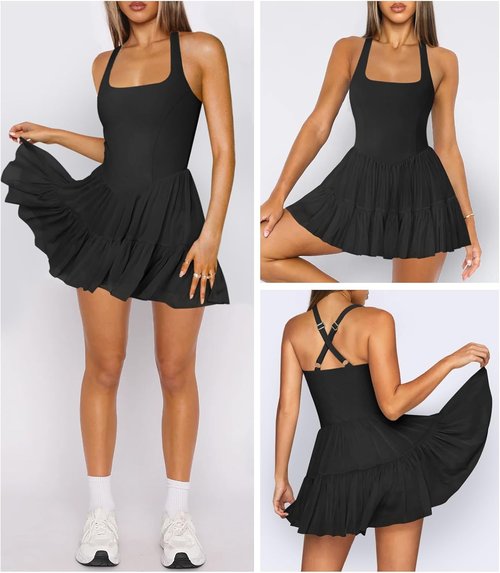 Hragc Women's Tennis Dress - Flowy Pleated Ruffle Halter Neck Mini Dress with Shorts Pocket