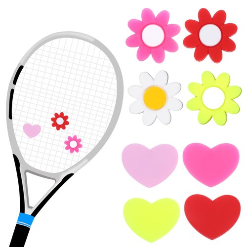 LLOUSSAK 8Pcs Tennis Racket Dampener, Silicone Tennis Dampener for Racket, Heart & Flower Racket String Damping Tennis Accessories for Tennis Racquet (4 Colors)