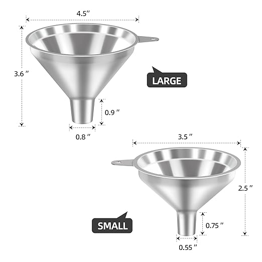 Serinar 3-Piece Stainless Steel Kitchen Funnel Set for Kitchen Bottle Filling, 2 Funnel Sizes and 1 Strainer for Oils, Liquids, Fluids, Dry Ingredients and Powders, Durable, Washable