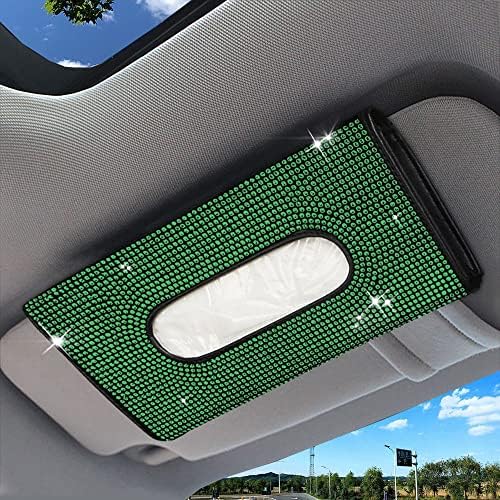 Bling Glitter Car Sun Visor Tissue Box PU Leather Mask Napkin Holder with Hook Clip 1 Pack Stylish Sparkly Visor Accessory (Black Green)