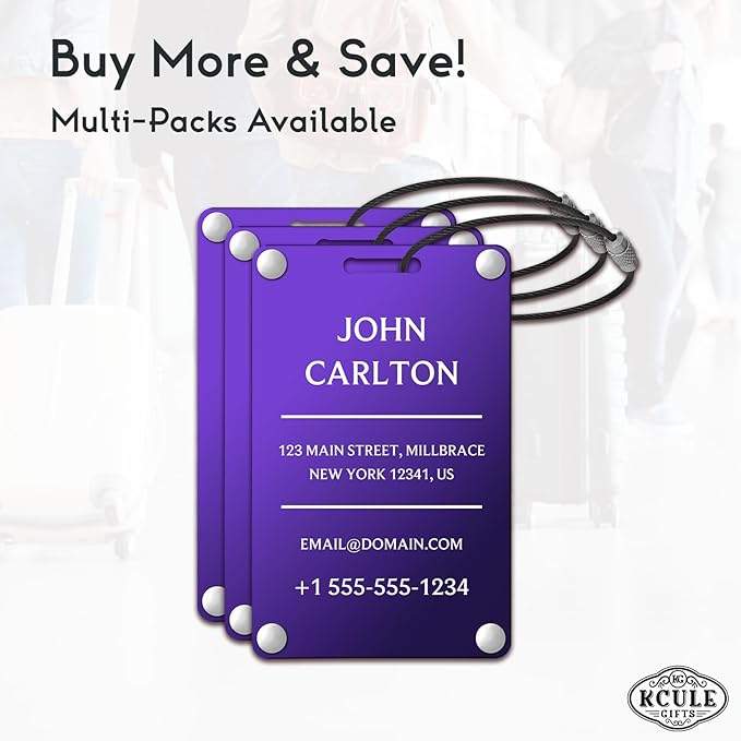 Personalized Luggage Tags for Suitcases - Aluminum Custom Luggage Tags for Backpacks & Bags, Sturdy, Waterproof & Heavy Duty (Purple/Card-Sized)