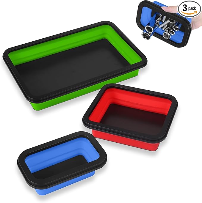 Collapsible Magnetic Parts Tray Set - 3 Different Size Tool Trays for Screw, Bolts, Nuts, Washers, Pins and Other Small Metal Parts, Mechanic Tool Gifts for Men - Red Blue Green