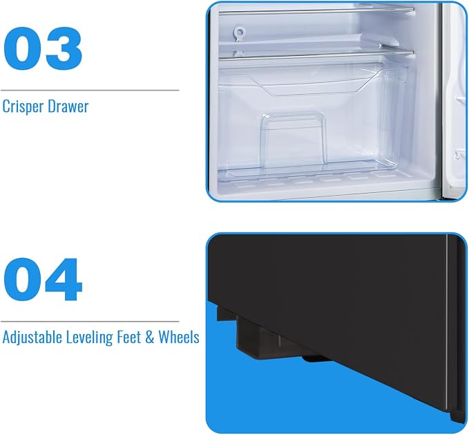3.5 Cu.Ft Retro Mini Fridge with Handle Compact Refrigerator Black | Dual Door Refrigerator with Freezer 7 Gears Temperature Control Ideal for Bedroom Dorm Office