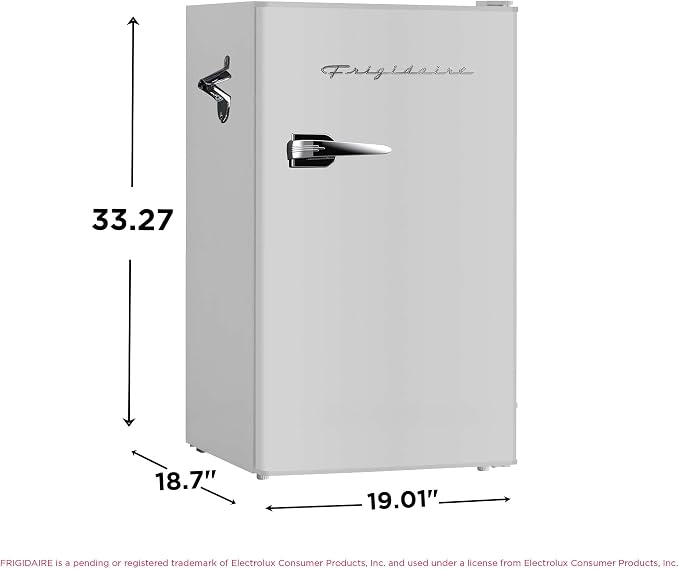 Frigidaire Retro Compact Fridge with Chiller, 3.2 cu ft Countertop Fridge with Built-In Bottle Opener, Compact Refrigerator for Office, Bedroom, Dorm Room or Cabin - 16.5"D x 19"W x 31"H (Moonbeam)