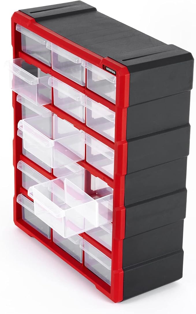 INTERTOOL Small Parts Organizer for Hardware & Screws | 18 Removable Bins with Dividers | Wall Mount or Desktop Craft & Lego Storage Cabinet | 19” x 15” x 7” BX08-4019