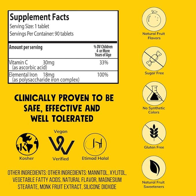 NovaFerrum Yay | Chewable Iron Supplement for Kids & Adults for Anemia | 18mg of Iron | 90 Servings | Sugar Free | Vegan | Gluten Free | Orange Flavor