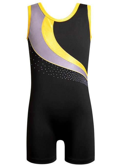 HOZIY Leotards for Girls Gymnastics Practice Size 6-7 Years Gold Stripe Spliced Diamond Rhinestone Fall Black Tumbling Outfit Biketard Sparkly