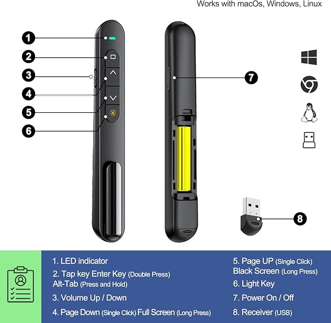 QUI Presentation Clicker with Volume Control, 2.4GHz USB Wireless Presenter