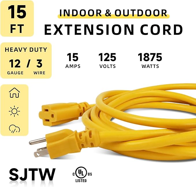 EP 12/3 15 FT Indoor Outdoor Yellow Extension Cord Waterproof, 12 Gauge 3 Prong Power Cord Flexible Resistant Appliance Extension Cable Electric Cable Outside, 15A 1875W 12AWG SJTW, ETL Listed