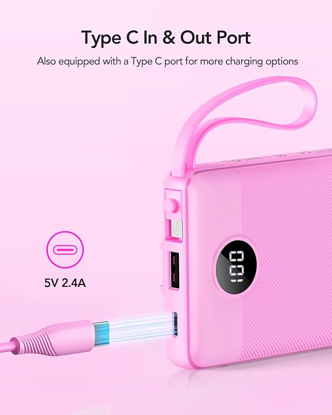 VRURC Portable Charger 10000mAh, Travel Essentials Battery Pack, 5 Output 2 Input Power Bank, Built-in Micro & USB C Cables Phone Charger for iPhone 17 Pro 17 16 15 14 13,Android-Purple(1 Pack)
