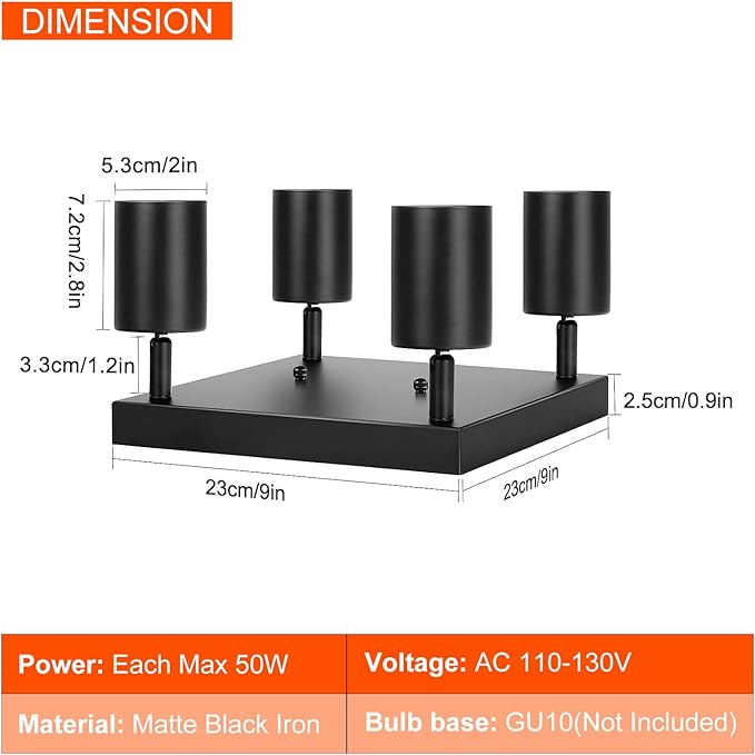 Ceiling Spot Lights Indoor: 4 Lights Led Flush Mount Ceiling Light Fixture GU10 Head Modern Black Adjustable Directional Light for Kitchen Bathroom Bedroom Hallway