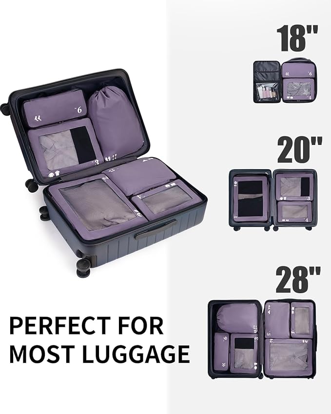 ECOHUB 7 Set Packing Cubes Tear-Resistant Luggage Packing Organizers with Number Icon for Travel Accessories Luggage Suitcase Machine Washable Packing Cubes (Purple)
