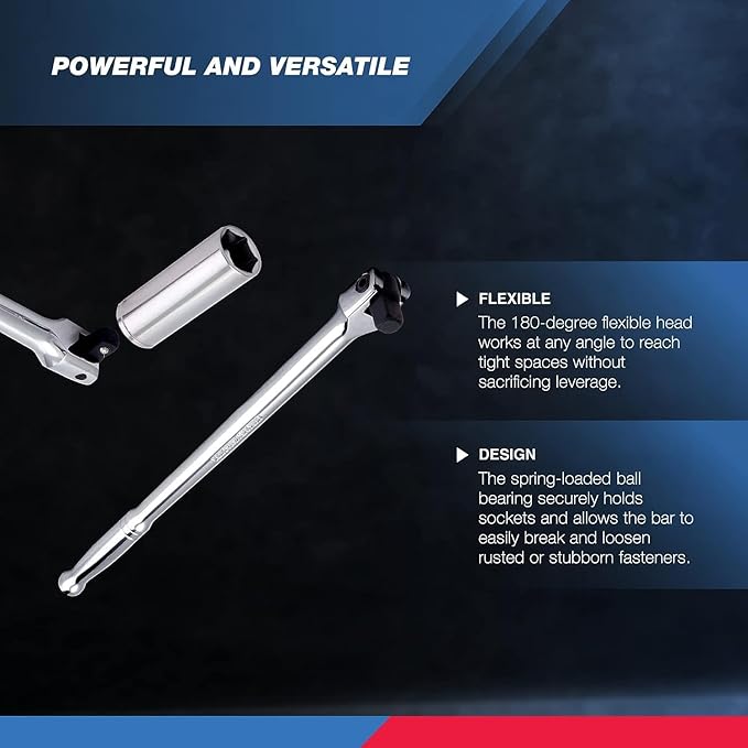 Neiko 00200A 1/2" Drive Extension Breaker Bar | 15" Length | Rotating Flex Head | CR-V Steel