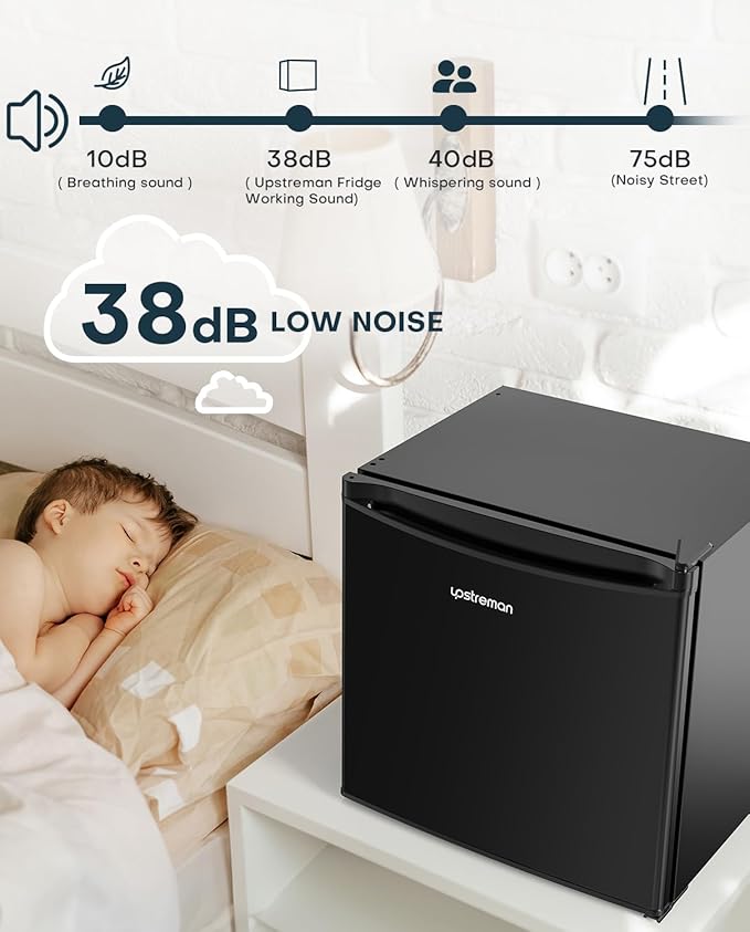 Upstreman 1.7 Cu.ft Mini Fridge with Freezer, Black-FR17 | Dorm Essentials, Adjustable Thermostat, Energy Saving, Low Noise, Compact Refrigerator for Dorm, Office, Bedroom