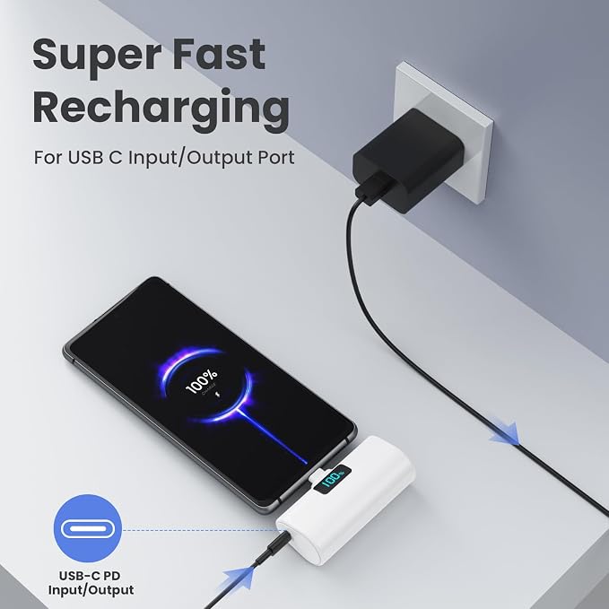 Small Portable Charger 5200mAh,Upgraded PD USB C Power Bank Built-in USB-C Connector,LCD Display Battery Pack,Compatible with iPhone 17/16/15/15 Plus/15 Pro/15 Pro Max/Galaxy Android Phone, White
