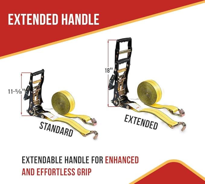 Mytee Products 2 Pack 2"x27' Yellow Ratchet Strap with J Hooks- 10,000 Lbs Breaking Strength -Heavy Duty Tie Down Large Bar Handle and Cargo Straps with Wire Hooks for Flatbed, Truck, Trailers Pickup