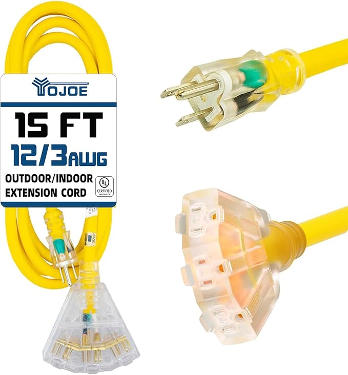 YOJOE 3-Outlets Indoor Outdoor Extension Cord with Lighted End, 3 Prong 15A Weatherproof Power Cord, 12 Gauge Heavy Duty 15 ft Yellow Extension Cord Multiple Outlets, 12/3 SJTW UL Listed