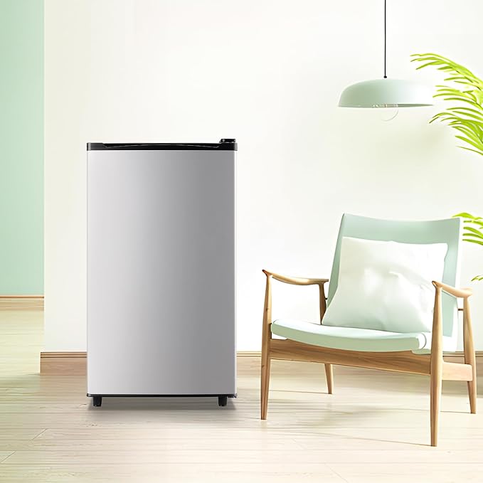 Refrigerator 3.2 Cu.Ft Single Door Fridge with freezer Refrigerator with 5 Adjustable Temperature LED Lights Removable Storage Shelves Apartment size Fridge for Bedroom Dorm Office Silver