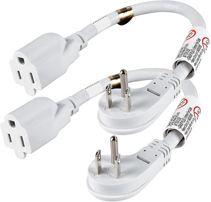 VSEER 1Feet 1625W 13A UL SJT 16AWG Flat Plug Heavy Duty Extension Cord Outlet Saver 3-Prong Grounded Short 90 Degree Angle Adapter Power Extension Cord,UL Listed (White, 2 Pack)