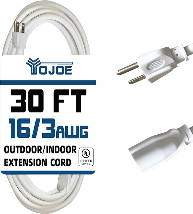 YOJOE Indoor Outdoor Extension Cord, 3 Prong 13A Weatherproof Power Cord, 16 Gauge Heavy Duty 30 ft White Extension Cord for Garage, Garden and Home, 16/3 SJTW UL Listed