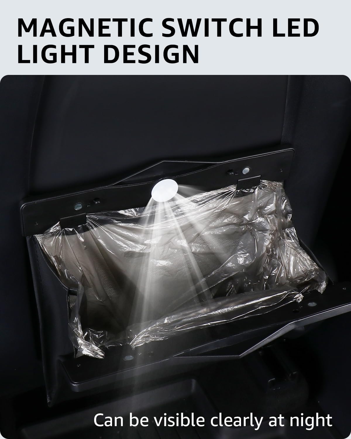 Motrobe Trash Can for Tesla Model 3 2017-2023 Garbage Bag [Strong Magnetic Buckle] with LED Light 1PCS Backseat Hanging Garbage Bin Waterproof Faux Leather Model 3 Interior Accessories 2.5 Gallons
