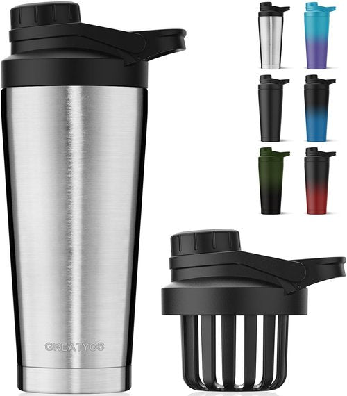 Greatyos Stainless Steel Shaker Bottle - Noise-Free 24 oz Insulated Cup for Protein Mixes | 100% Leak Proof