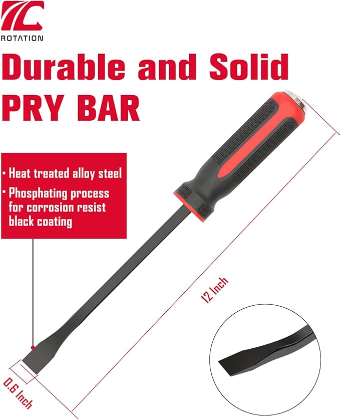 ROTATION Pry Bar 12 Inch, Angled Tip for Lifting and Prying, Comfortable Non-Slip Double Injection Handle | 1-Piece
