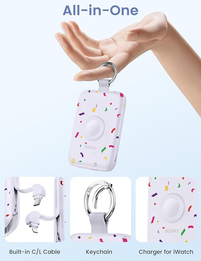 RORRY Portable Charger, 10000mAh PD 20W Fast Charging Portable Charger Power Bank with Built in Cables, Travel Battery Pack for iPhone and Apple Watch Ultra/11/10/9/8/7/6/5, Confetti-Purple