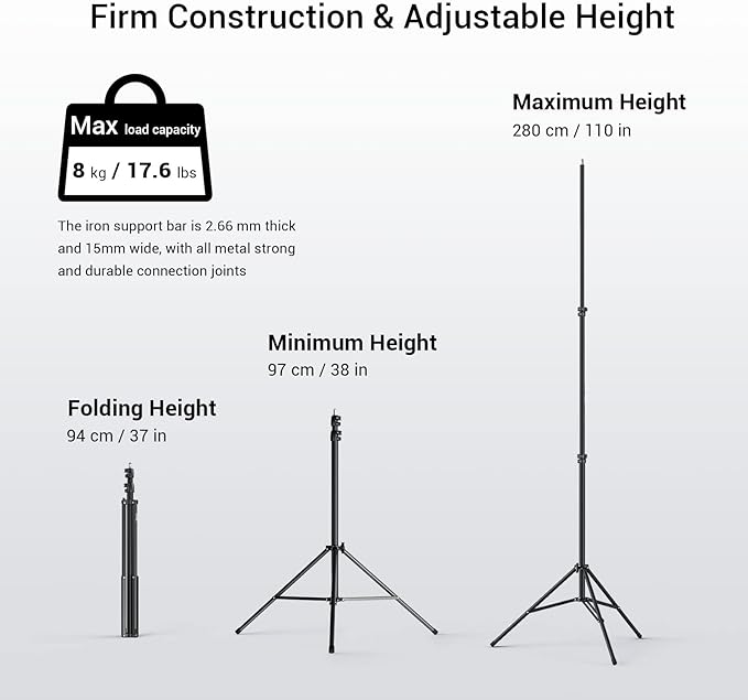 SMALLRIG Photography Light Stand 110"/9.2ft/280cm, Air-Cushioned Aluminum Photo