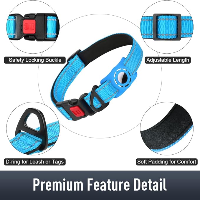 Airtag Dog Collar with AirTag Holder for Large Dogs, Reflective, Soft Padded & Safety Locking Buckle, Nylon Pet Collars Adjustable for All Breeds, SkyBlue,L