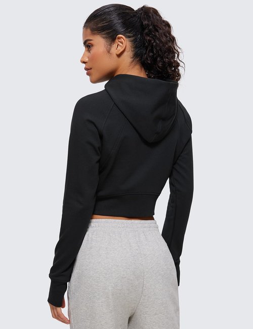 CRZ YOGA Women's Fleece Zip-Up Cropped Hoodie - Athletic Long Sleeve Jacket with Thumb Holes