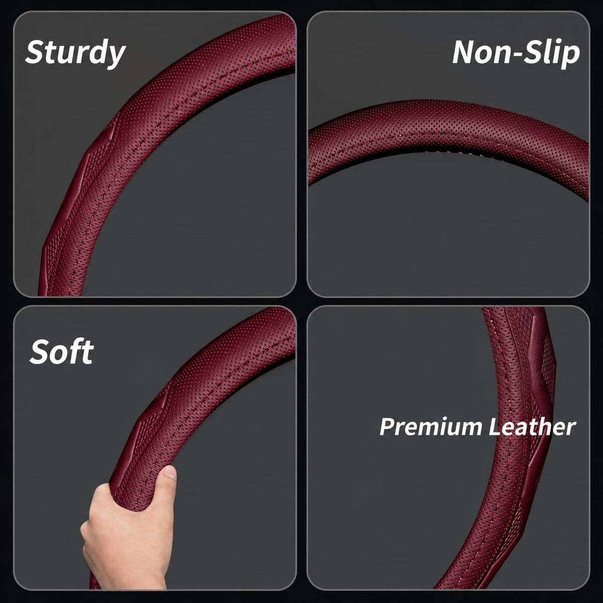 Steering Wheel Cover with Anti-Slip Leather Grip Compatible with Ford, Toyota, Honda, Nissan, and Chevrolet Vehicles for 14.5-15.35 inch Round Steering Wheels Universal Car Accessories