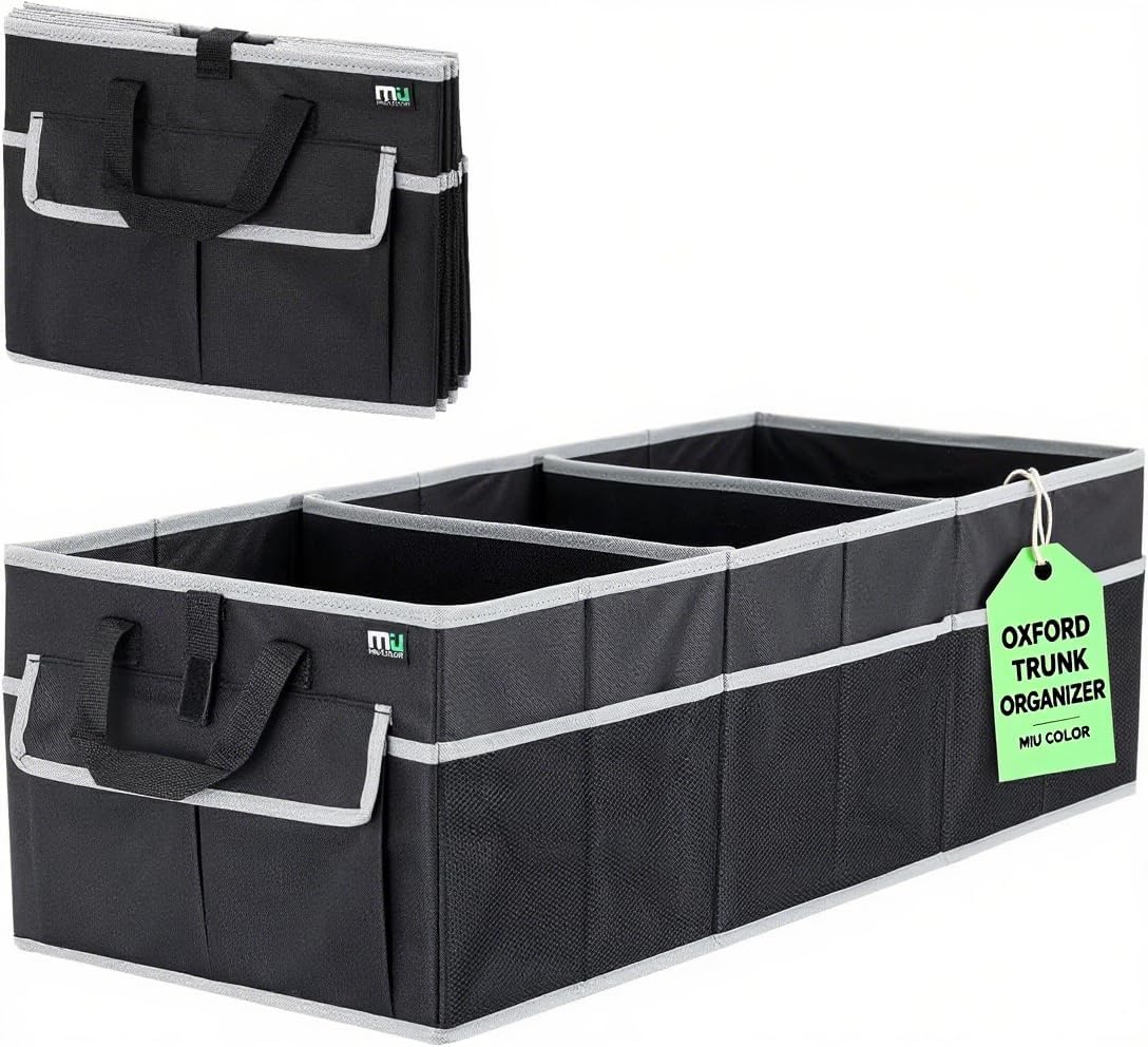 MIU COLOR Trunk Organizer for Car, SUV Trunk Organizer, 12 Pockets, Non-Slip Bottom, Sturdy Oxford Car Organizer for Sedans, Van, Jeep, Grocery, Large 3 Compartments, Black Gray, 32"×13"×10.6"