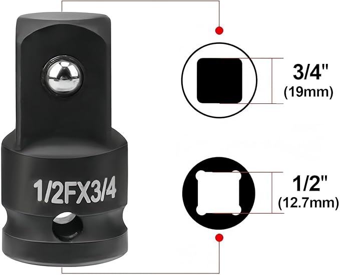 1/2" Drive (Female) x 3/4" (Male) Impact Socket Adapter, CR-MO Steel, Compatible with Air Impact Wrenches, Breaker Bars, Ratchets