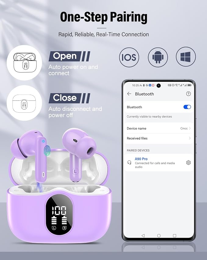 Wireless Earbuds, Bluetooth 5.4 Headphones Bass Stereo/Clear Calls, Purple | Ear Buds with Noise Cancelling Mic LED Display in Ear Earphones IP7 Waterproof 36H Bluetooth Earbuds for Phones/Sport/Laptop