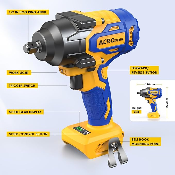ACROPOW Cordless Impact Wrench Compatible with DEWALT 20V MAX Battery, 1/2 Inch Brushless High Torque Power Impact Gun 665 Ft-lbs(900 N.m) with 3-Mode Speed, LED Light (Bare Tool Only)