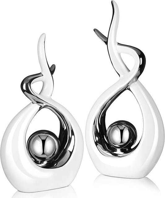 Gerrii 2 Pcs Modern Room Ceramic Decor Center Pieces Table Decorations Ceramic Statue Coffee Table Decor Centerpiece for Home Office Coffee Living Room, 2 Size(White, Silver)