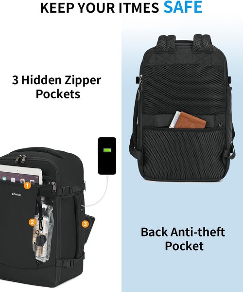 ECOHUB Travel Backpack - USB Charging, Anti-Theft Pockets, 15.6 Inch Laptop Compartment, 30L, Black