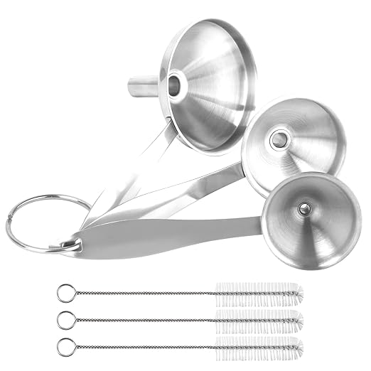 Large Small Funnel Set of 3, Food Grade Mini Funnels for Kitchen Use Filling Bottles Liquor Flask Tiny Spice Cooking Powder, 7Pcs Metal Stainless Steel Funnel Long Handle, 3Pcs Cleaning Brushes VOPTON