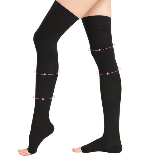 20-30 mmHg Thigh High Compression Stockings for Women, Open Toe with Stay-Up Dot-Top - Relief for Varicose Veins, DVT, Swelling, Pregnancy & Travel, Black, Large