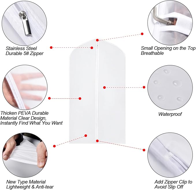 Garment Bags Covers 24''X60'' Dress Bags for Hanging Clothes (Pack of 6) with Study Full Zipper Coat Covers for Closet Clothes Storage Travel