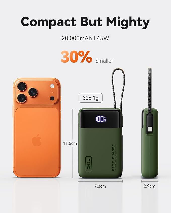 INIU 20000mAh Power Bank, Small Portable Charger, 45W PD Fast Charging Battery Pack with Build in USB-C Cable, Travel Phone Charger for iPhone 17 16 15 14 Air Samsung S25 S24 Google iPad Xiaomi, Green