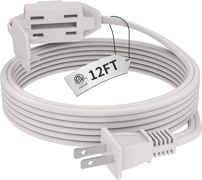 PLUGTUL Indoor White Extension Cord 12 Feet, 3-Outlet Household Extension Cord, 2 Prong, 16 Gauge, 3 Polarized Outlets with Safety Cap Protect for Home Office, 16/2 SPT-2 ETL Listed