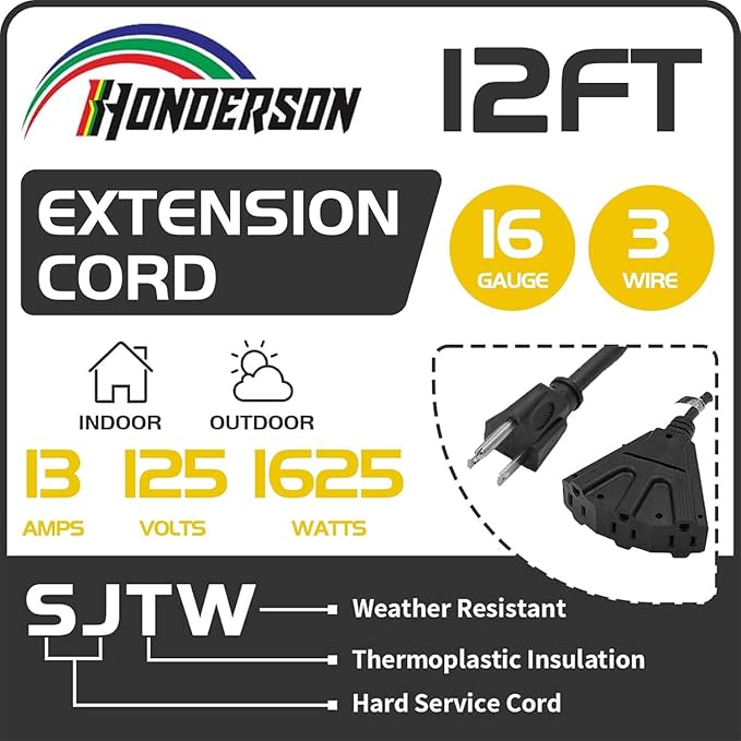 3-Outlets Indoor Outdoor Extension Cord Weatherproof, UL Certified, 16 Gauge 12FT Black 3 Prong Heavy Duty, 16/3 SJTW 13A Power Cord