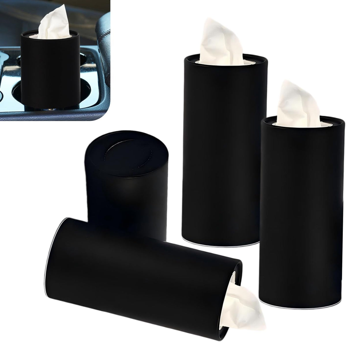 4 PCS Car Tissue Holder, Car Cup Holder Convenient Travel Tissue Tube, Refillable Auto Cup Holder Round Napkin Container with 120 Sheets Facial Tissues, Universal for Most Cars (Black)