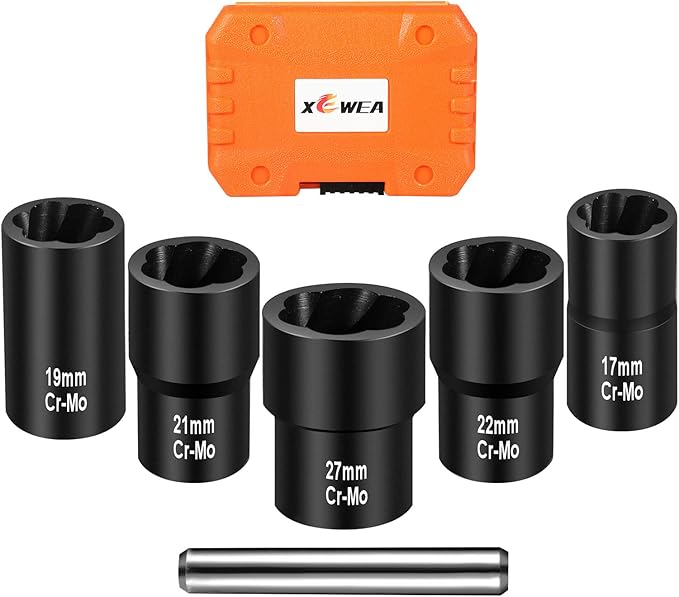 XEWEA Twist Socket Set with Center Punch Bar, 6PCS 1/2" Drive Metric Lug Nut Remover Tools for Broken, Stripped, Rounded Bolts & Nuts Screws -17mm 19mm 21mm 22mm 27mm